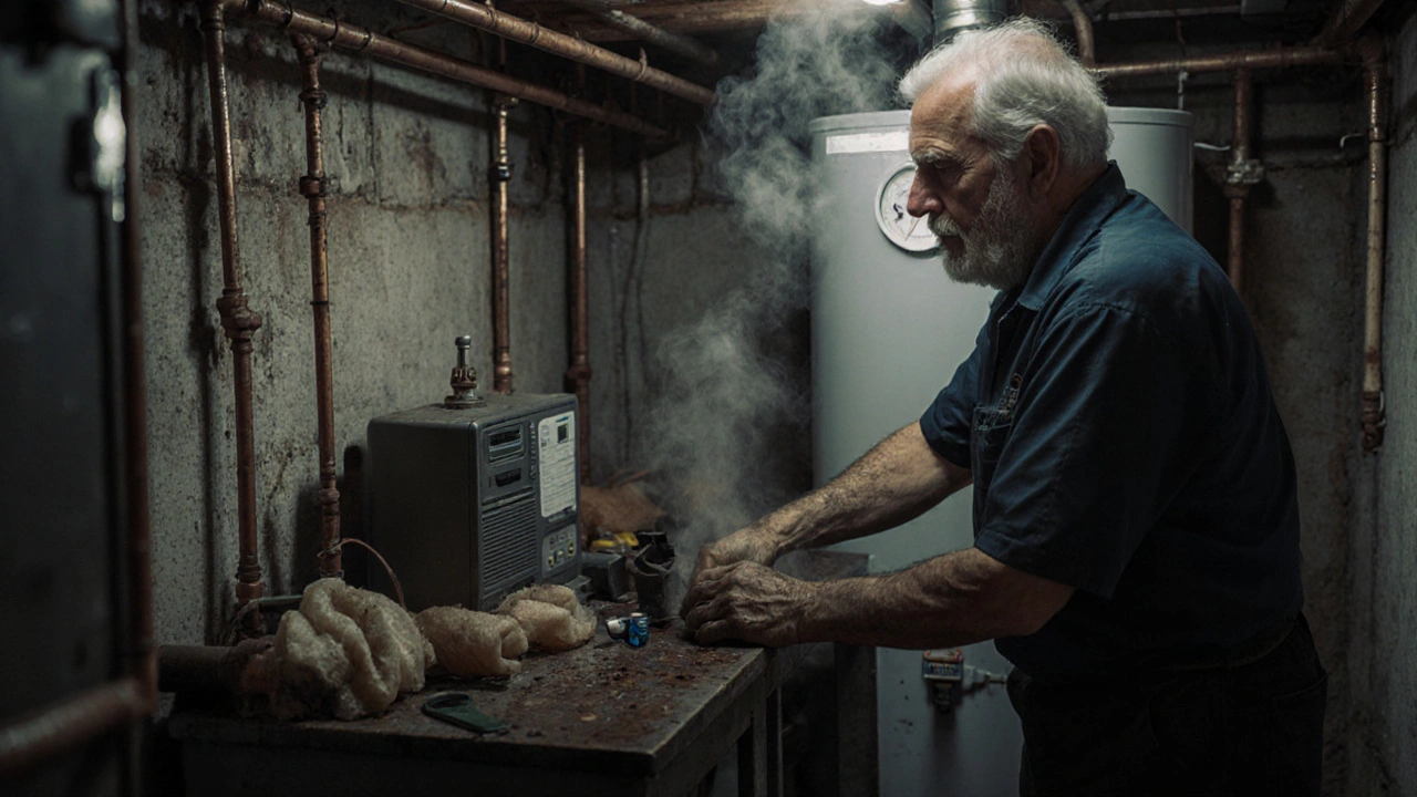 Досвідчений сантехнік замінює водонагрівач у підвалі будинку в Києві, руки в бруді, навколо інструменти.