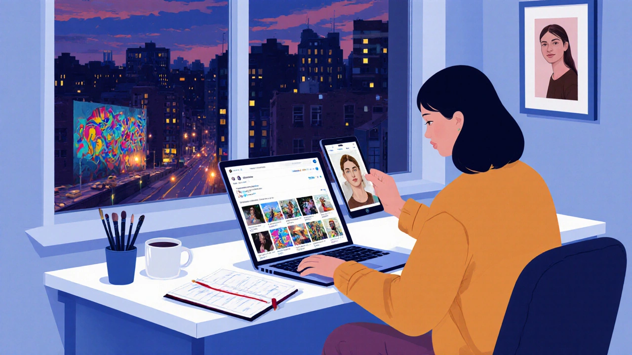 Фрілансер-художник працює вдома в Києві з планшетом і портфоліо на екрані