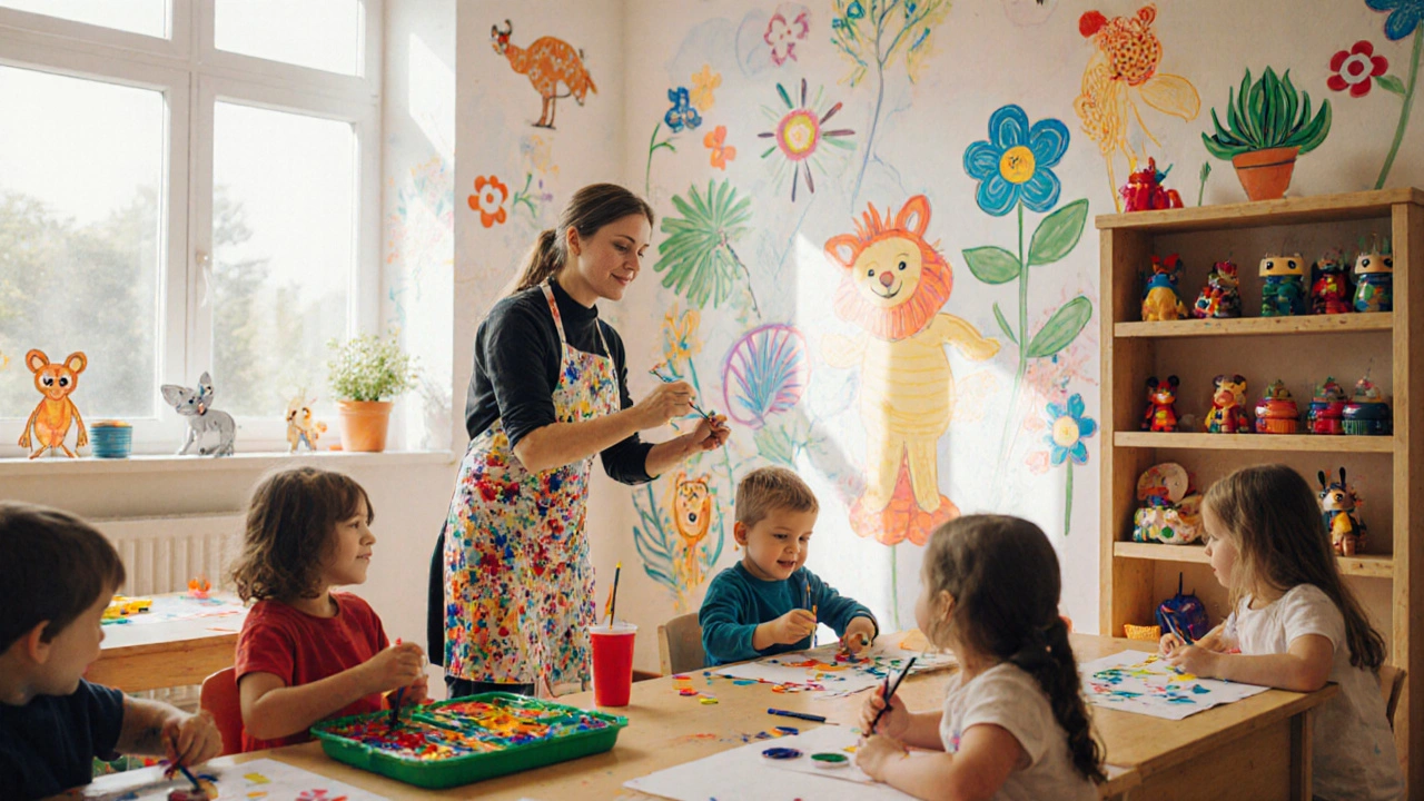 Художник і діти разом малюють на стінах дитячого садка в Києві