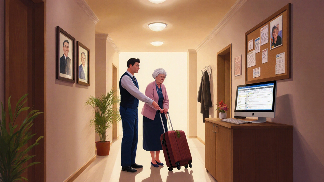 Консьєрж допомагає пожилій жінці з валізою в коридорі житлового комплексу.