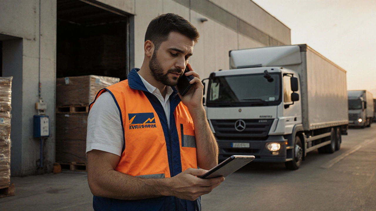 Координатор логістики розмовляє по телефону біля складу, контролюючи статус вантажів на планшеті.