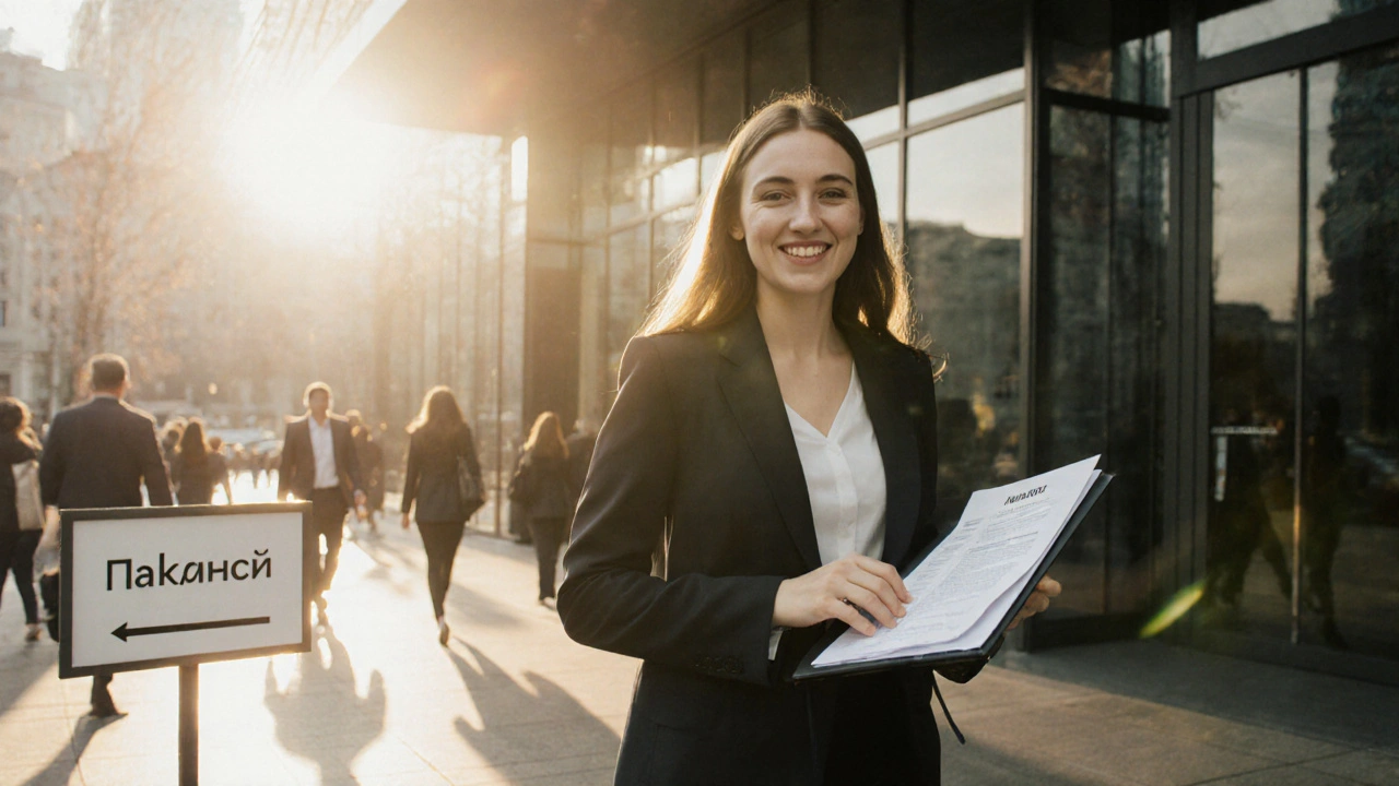 Молодая жінка входить у будівлю в Оболоні з резюме, впевнено посміхаючись, сонячне світло позаду.