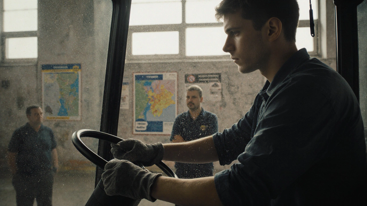 Молодий оператор навчається керувати екскаватором у навчальному центрі Києва.