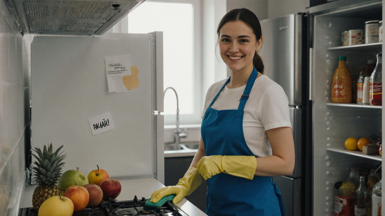 Прибиральниця миє плиту на кухні в квартирі в Києві, на ліжку лежать фрукти, на холодильнику записка.