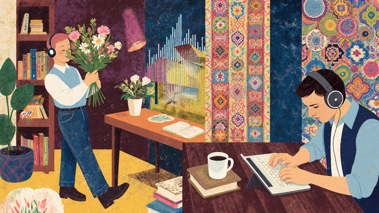 Різноманітні творчі професіонали в Києві: флорист, звукорежисер і копірайтер — у сюрреалістичній колажній сцені з українськими мотивами.