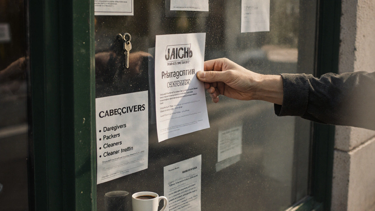 Рука кладе оголошення про роботу на дошку оголошень біля бібліотеки в Борщагівці.