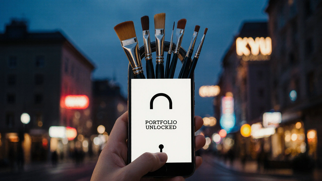 Рука повертає ключ із кисточок і клавіш друкарської машинки в замку, що нагадує екран телефону — символ відкритих можливостей.