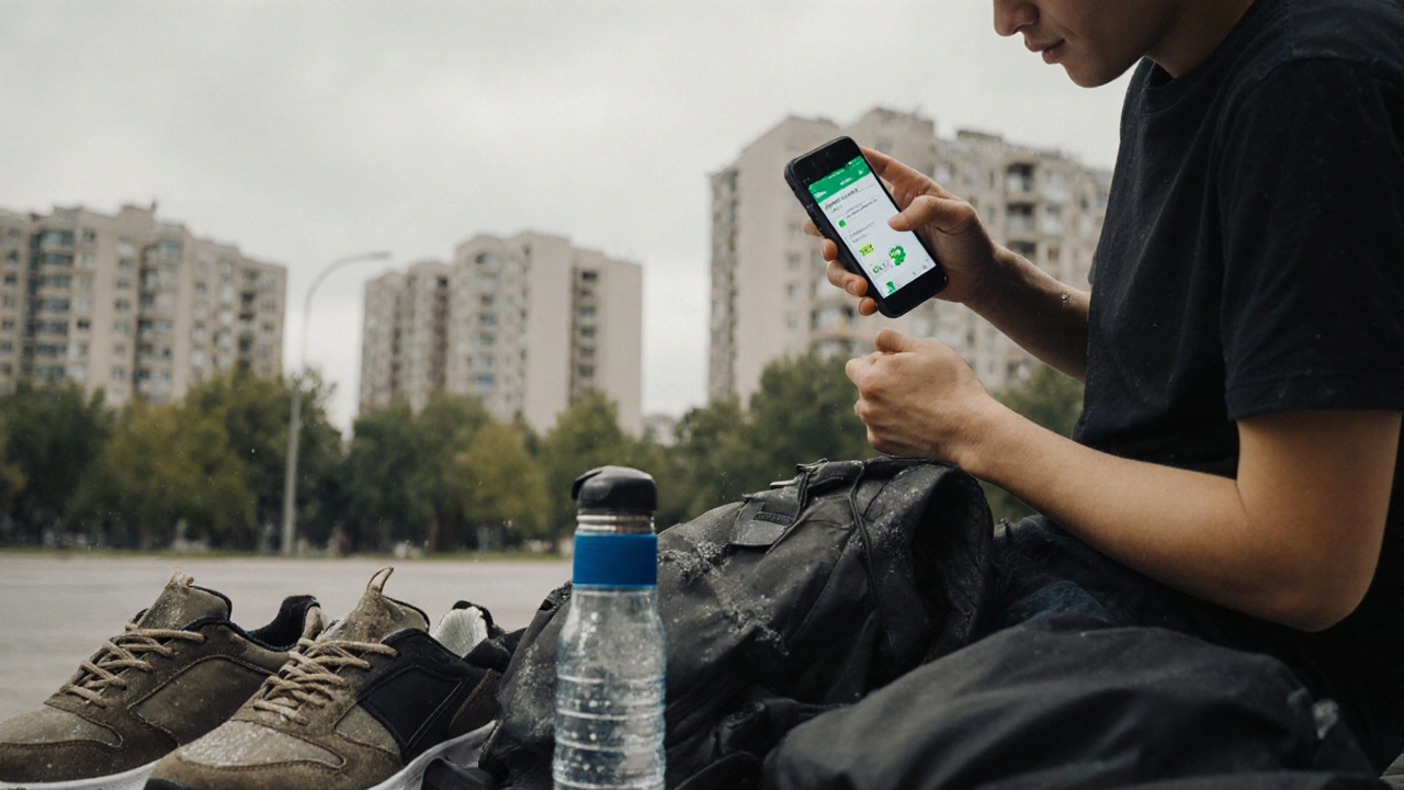 Руки кур&#039;єра з зарядним пристроєм і смартфоном, навколо робочі речі.