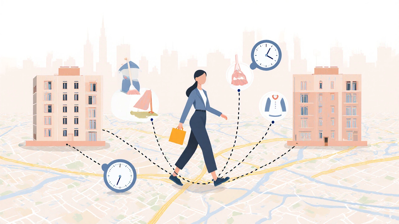 Схема маршруту прибиральниці по трьох квартирах у Києві з годинниками і інструментами, мінімалістичний стиль.