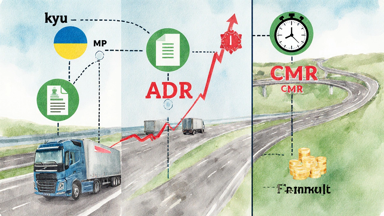 Схематичне зображення маршруту водія міжнародника від Києва до Німеччини з документами.