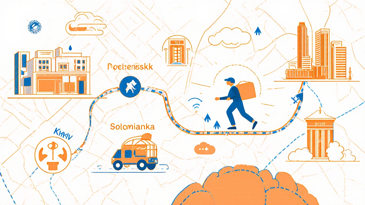 Символічний маршрут кур&#039;єра через райони Києва у мінімалістичному стилі.