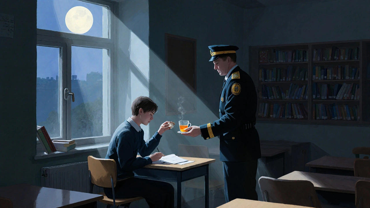 Сторож предлагает чай ученику, который делает домашнее задание после уроков.