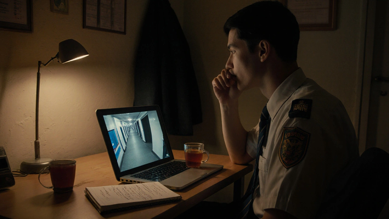 Сторож в ночную смену смотрит на экран монитора с камерами наблюдения.