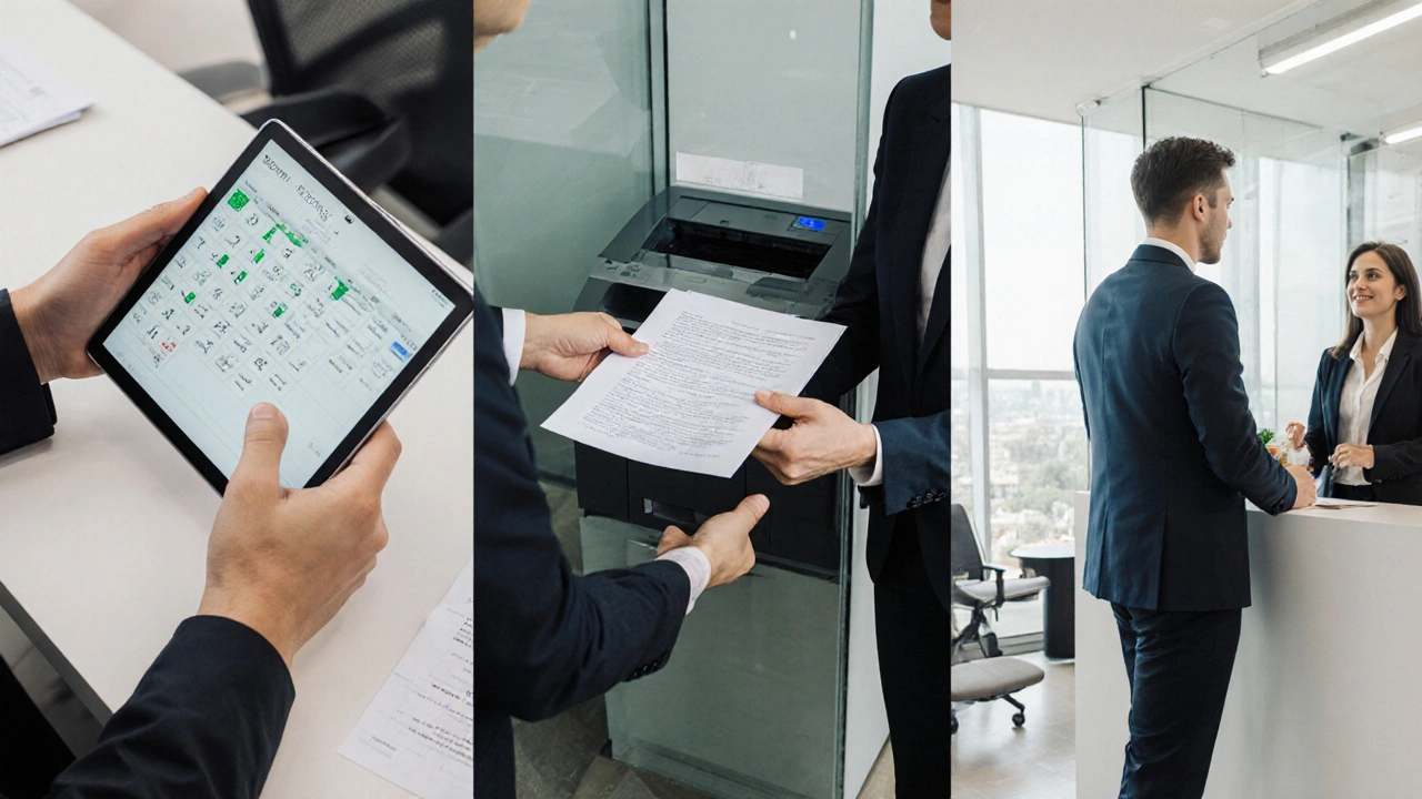 Три сцени адміністративної роботи в офісі: планування зустрічей, друкування документів і спілкування з клієнтом.