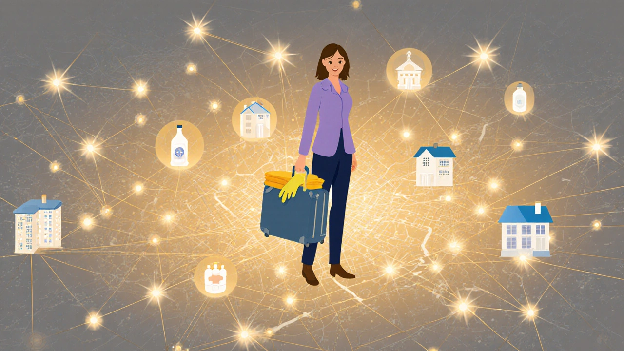 Жінка з інструментами для прибирання на карті Києва, з&#039;єднана з клієнтами золотими лініями.