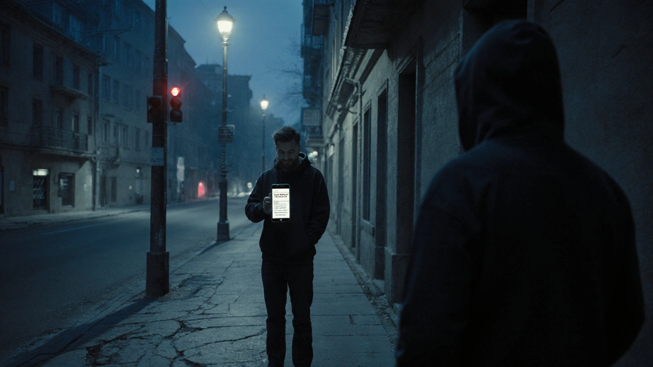 Чоловік стоїть біля будівлі без ознак компанії, тінь спостерігає здалеку, вечірнє освітлення.