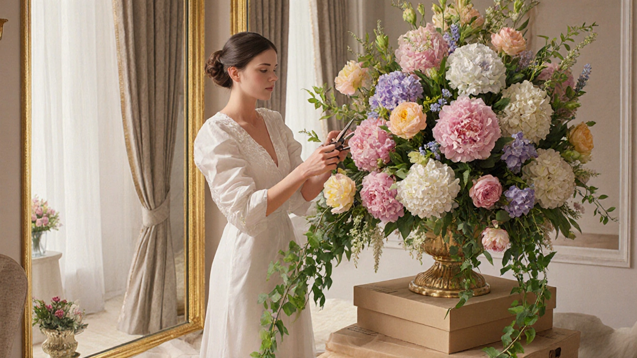 Флорист створює весільну композицію з піонів і гідрангеїв у преміум-салоні.