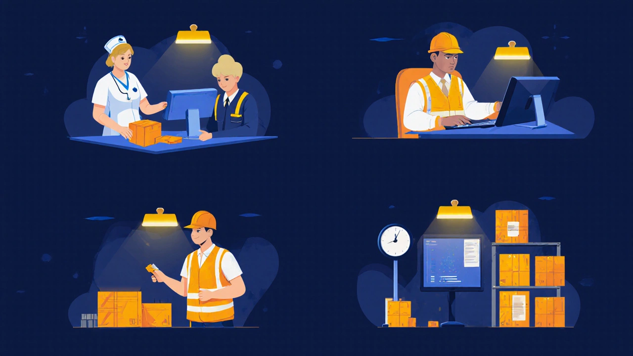 Група нічних працівників у Києві: медсестра, охоронець, складський працівник і диспетчер у робочих зонах.