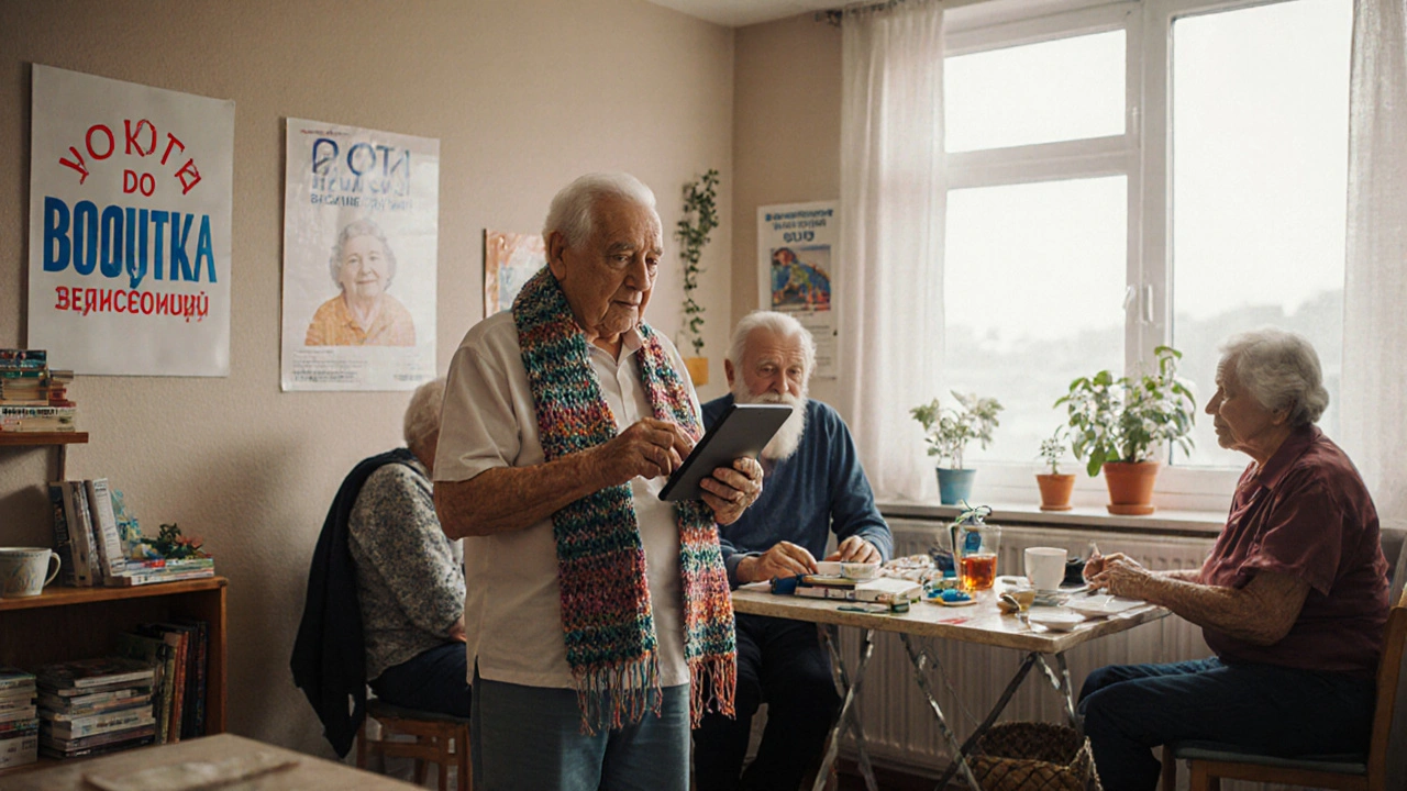 Група пенсіонерів у центрі допомоги: один друкує на планшеті, інші п’ють чай і розмовляють.