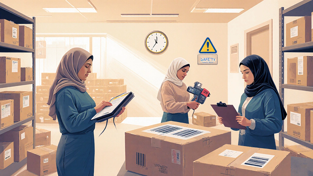 Група жінок упаковує товари в сучасному складі зі сканерами та етикетуванням.