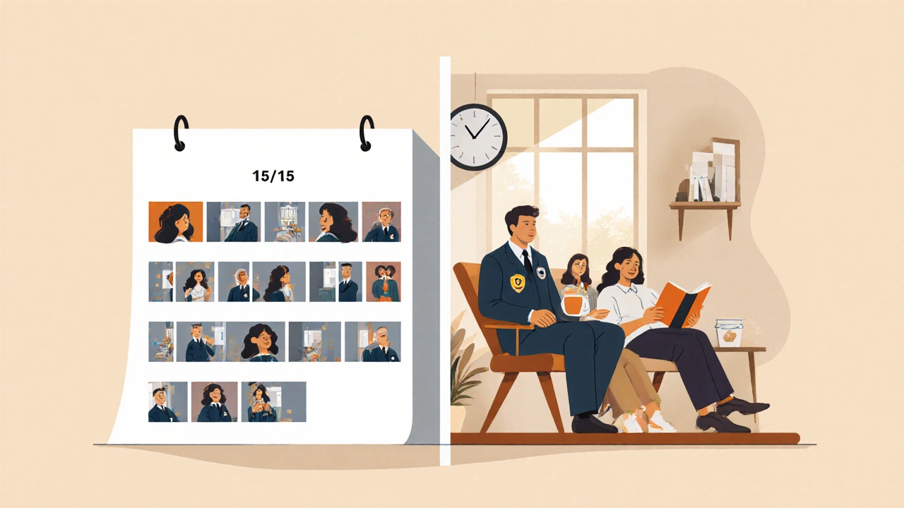 Календар з поділом на 15 днів роботи і 15 днів відпочинку для охоронця.