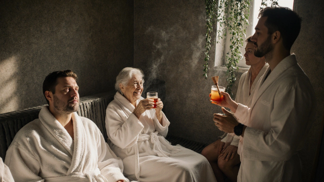 Клієнти в бані розслабляються: один дихає, інша п’є чай, турист слухає банщика.