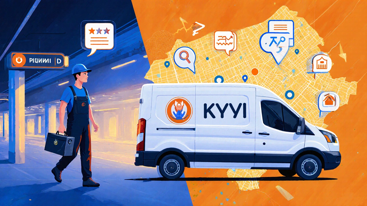 Концептуальна сцена: сантехнік розвивається від самотнього робітника до керівника бригади з картою Києва.