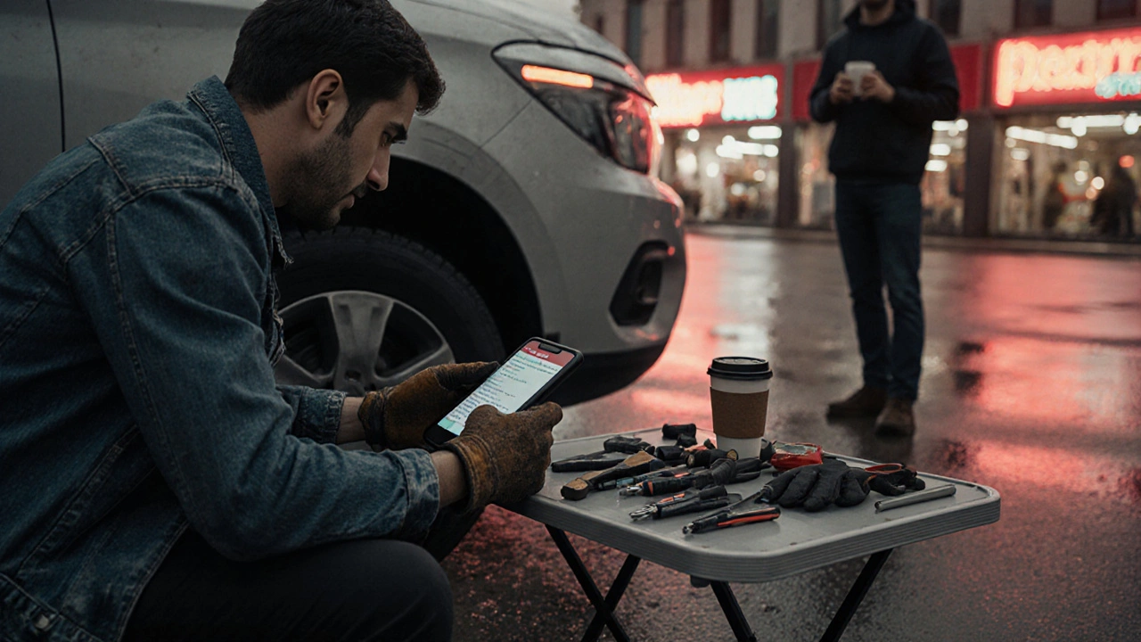 Мобільний механік ремонтує авто на паркінгу під вечірнім світлом.