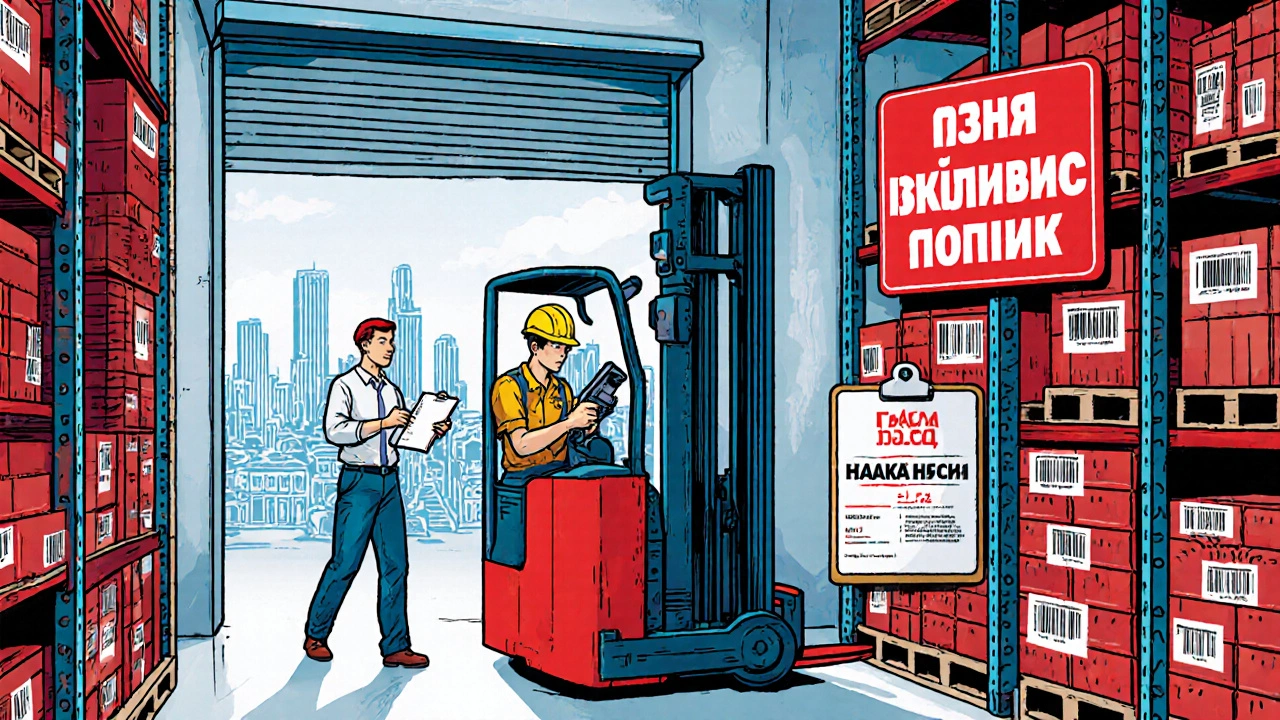 Молодий працівник керує вантажним підйомником на складі з табличкою про вакансії без досвіду.