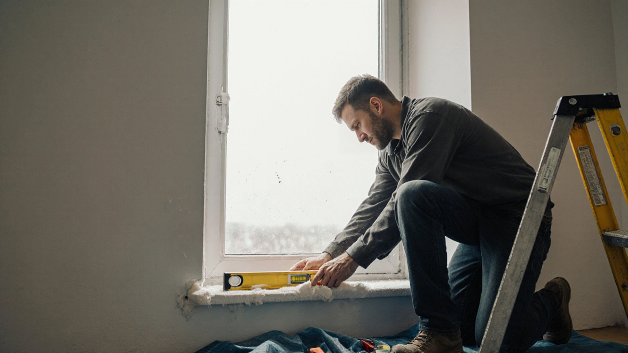 Монтажник заповнює шви монтажною піною всередині квартири, уважно контролюючи обсяг.