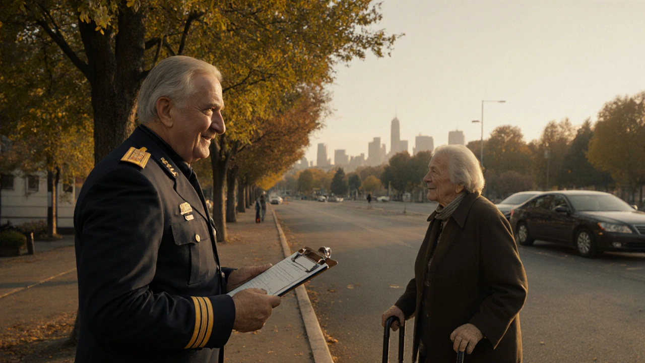 Парківщик у формі з відбивним жилетом допомагає пожилій жінці біля паркінгу біля Києво-Печерської лаври.