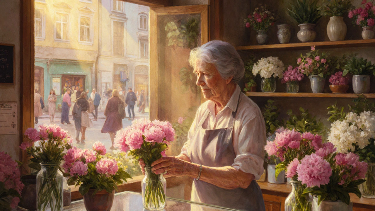 Пенсіонерка працює флористкою в квітковому магазині, сонячне світло, квіти на полицях.