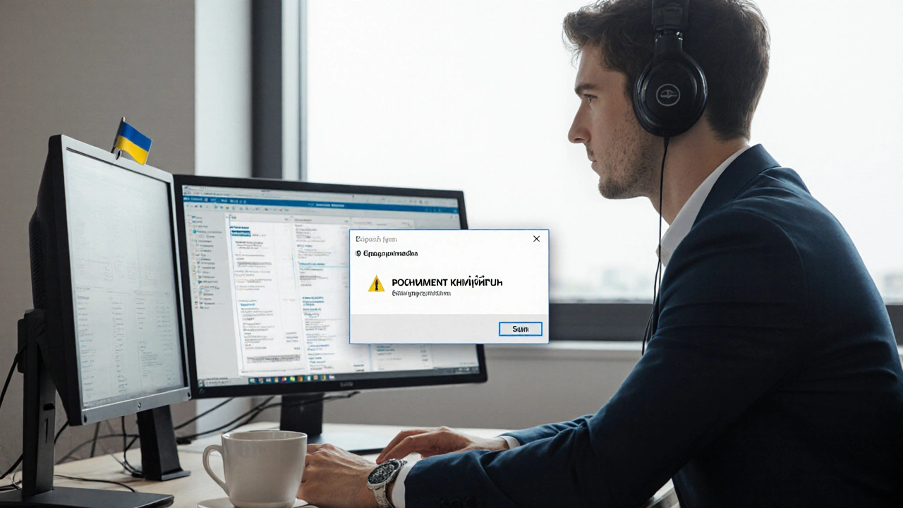 Працівник сканує електронні документи в офісі Києва, дивлячись на екран з 1С:Бухгалтерією.