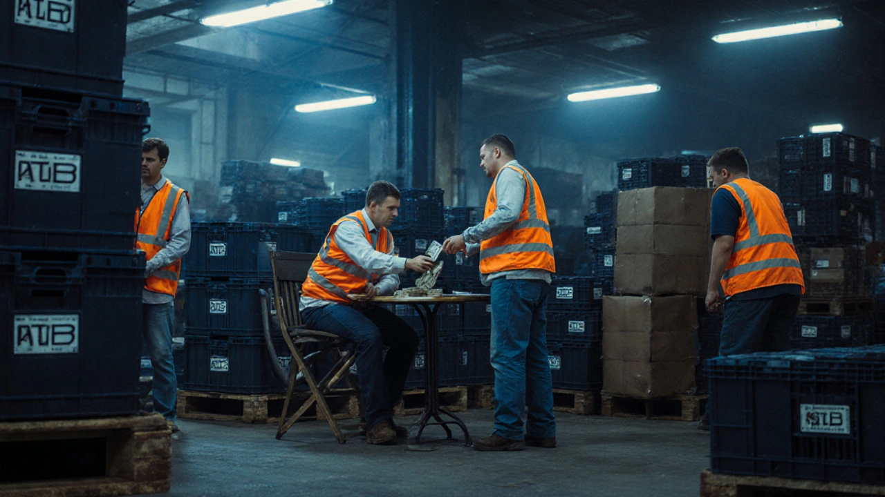 Працівники на складі в Києві отримують готівку після зміни.