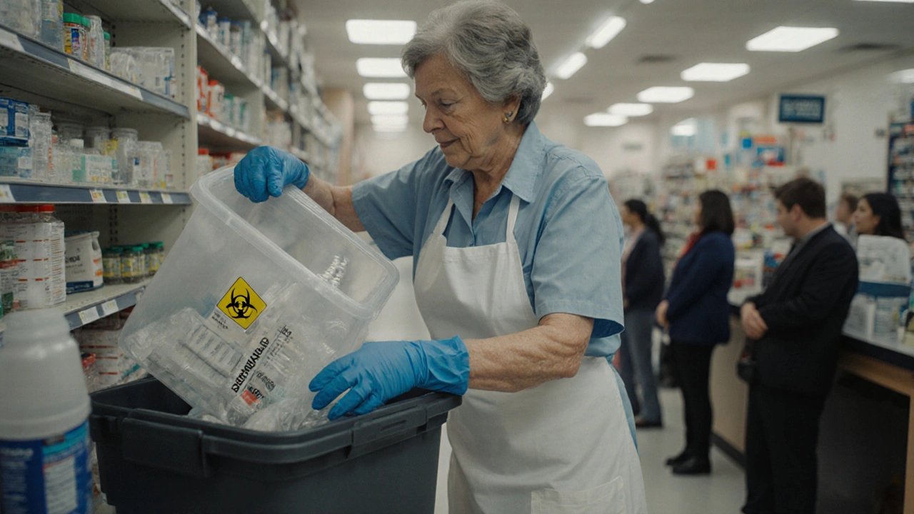 Прибиральниця видаляє медичні відходи зі спеціального контейнера