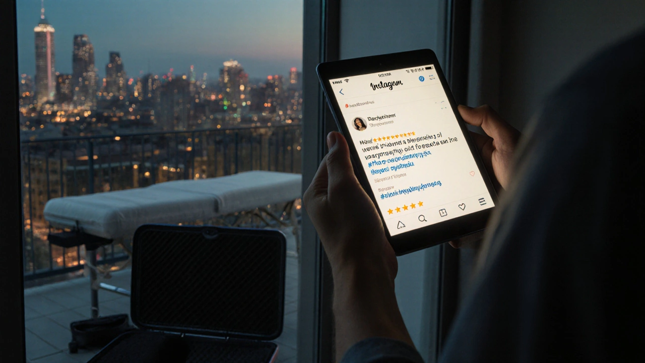 Приватний масажист прибуває до клієнта додому з переносним столом, за ним — вічірній пейзаж Києва, на телефоні видно відгук.