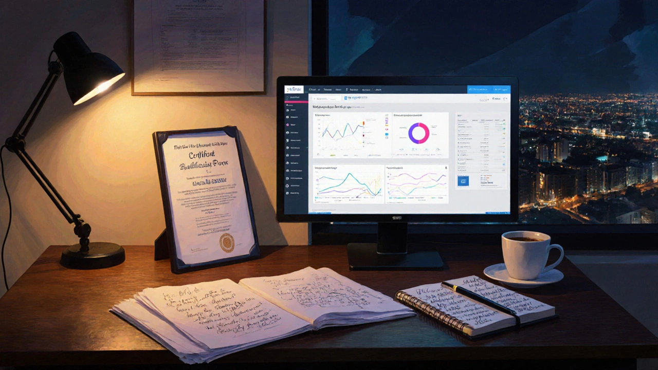 Робоче місце ріелтора вночі: документи, сертифікат і екран з CRM-системою.