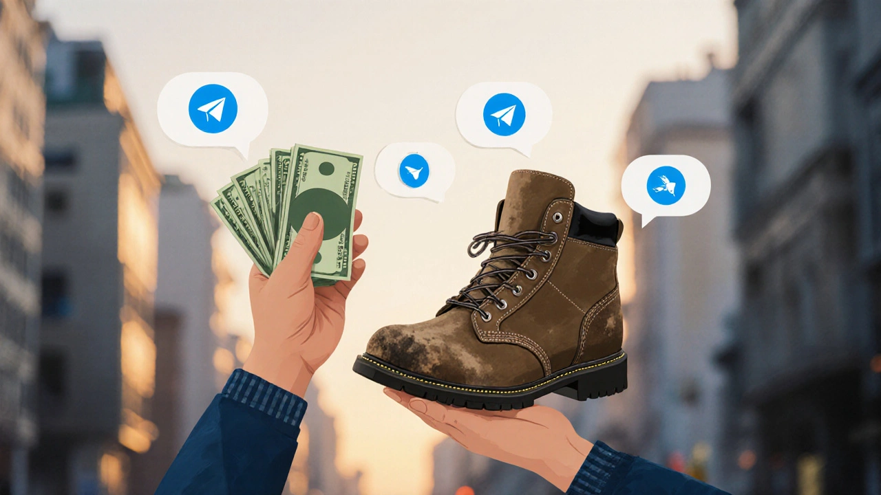 Рука тримає готівку та робочі чоботи, символізуючи щоденну зарплату та незалежність у Києві.