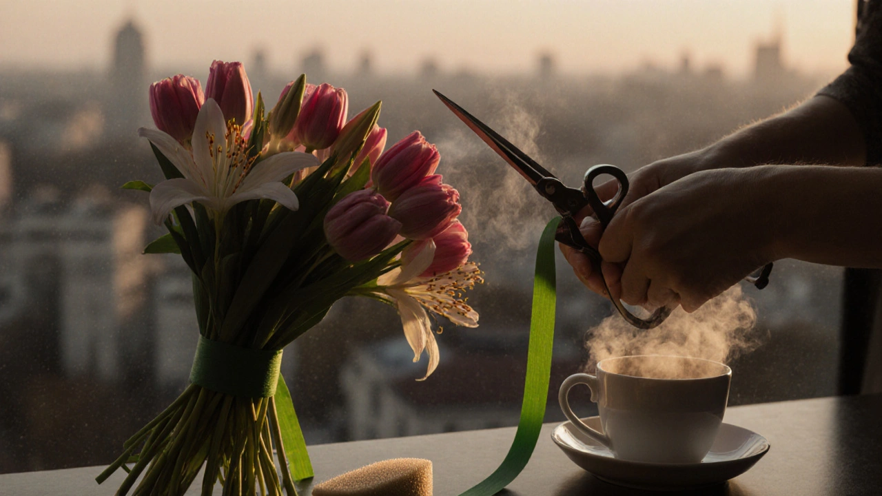 Руки флориста обрізають стебла квітів під кутом у місті на заході сонця.