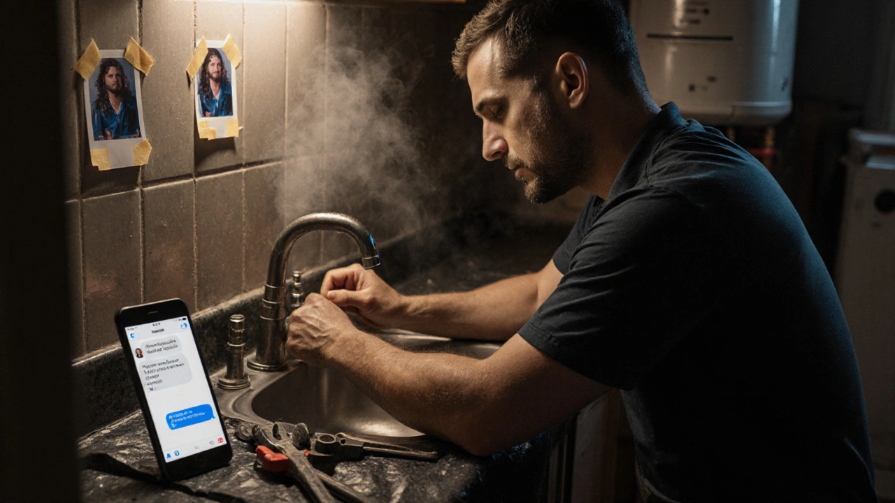 Сантехнік ремонтує трубу в старій кухні, на стіні — фото до і після, на телефоні — чат із клієнтом.