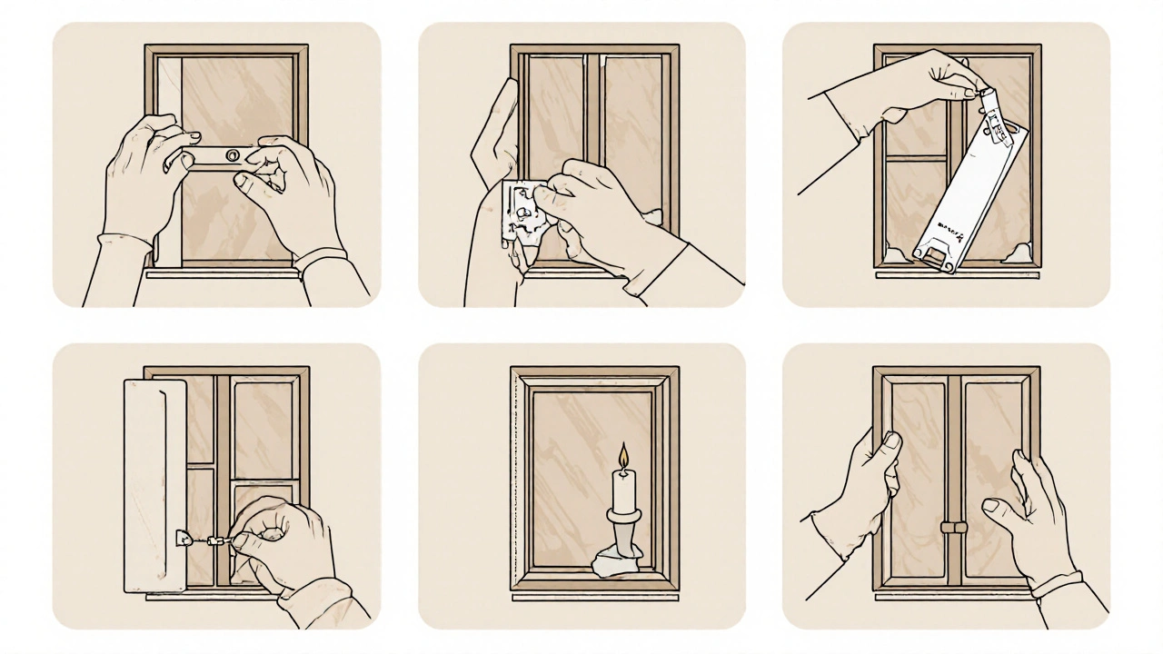 Схематична ілюстрація шести етапів встановлення вікна: вимірювання, демонтаж, кріплення, герметизація, встановлення фурнітури, перевірка.