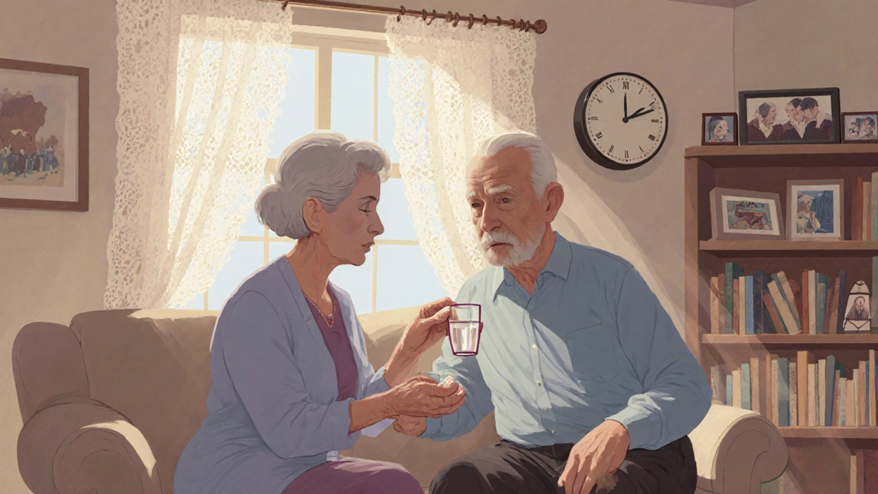 Старенька жінка допомагає старому чоловікові прийняти ліки вдома.