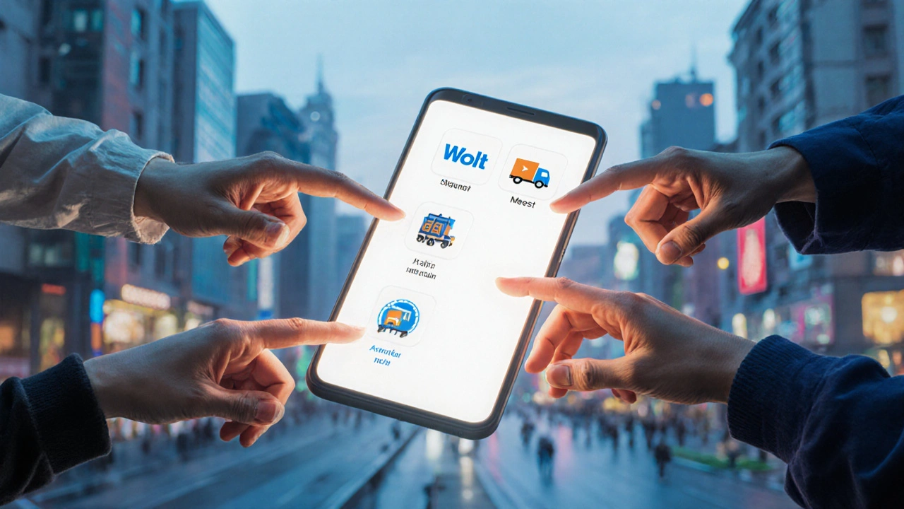 Три руки тягнуться до смартфона з іконами служб доставки — символ роботи з щоденною оплатою.