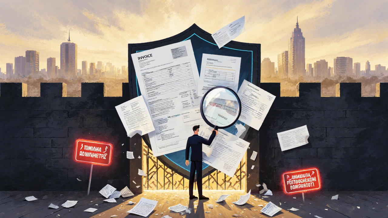 Захисний щит із підписаних документів охороняє бізнес, бухгалтер тримає лупу, символічна ілюстрація.