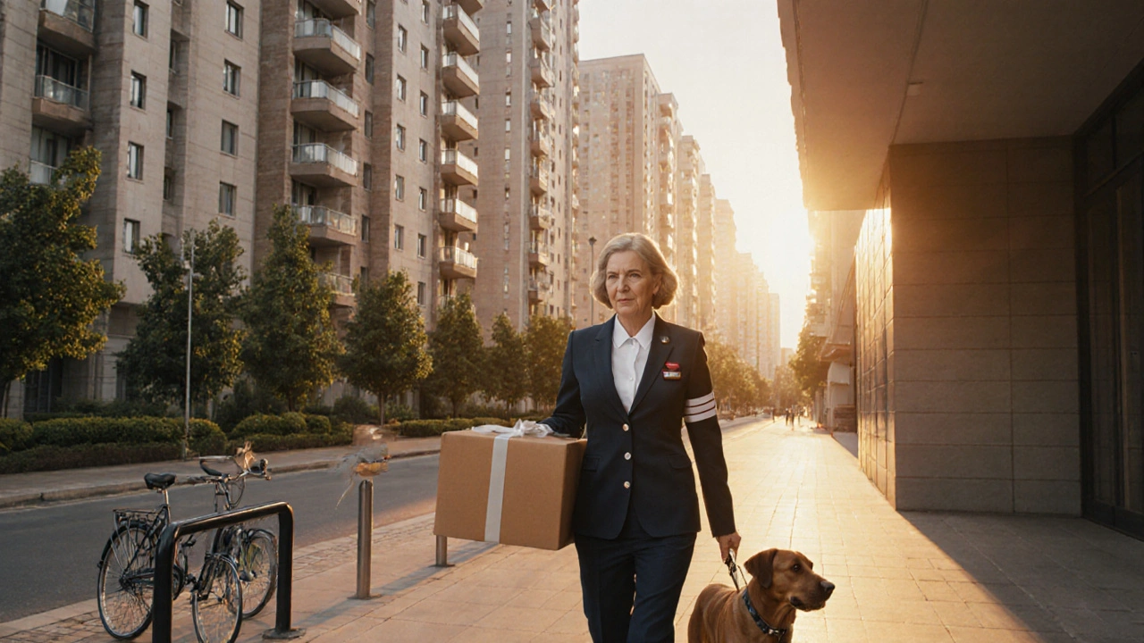 Жінка-консьєрж у сучасному житловому комплексі, тримає посилку, підіймається сходами.