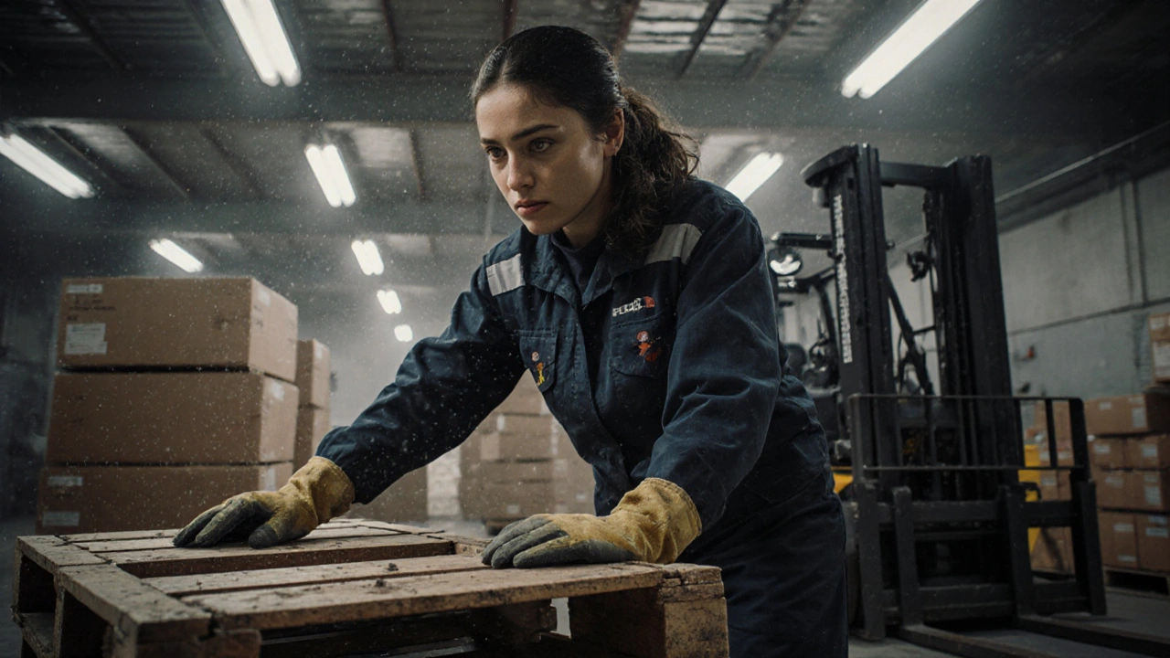 Жінка на складі в Києві складає палети з коробками, у робочих рукавичках та практичному одязі.