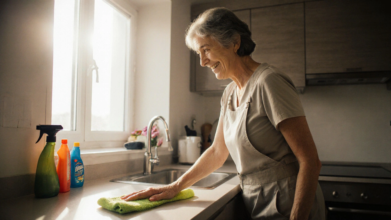 Жінка прибирає кухню в квартирі в Києві.
