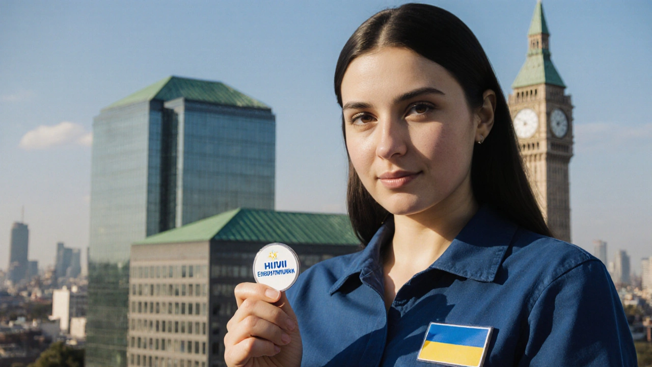 Жінка з працевлаштувальним бейджем стоїть перед сучасним заводом у Києві, символізуючи новий початок.