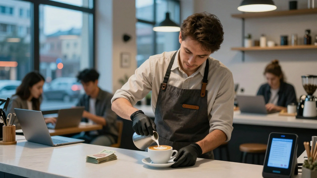 Бариста робить лате-арт у сучасній кав’ярні біля Майдану Незалежності, клієнти за столами, на лічильнику — готівка.