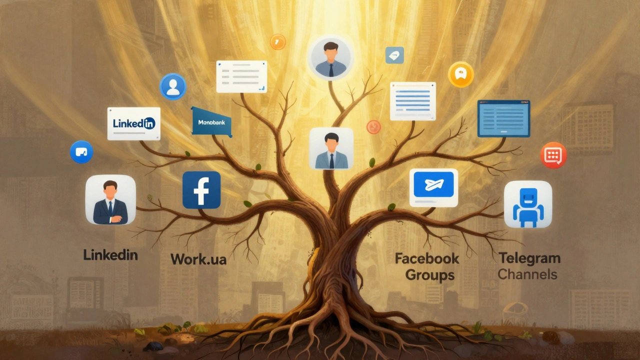 Дерево з коріннями-джерелами замовлень, гілки якого несуть іконки роботи фрілансера в Києві.
